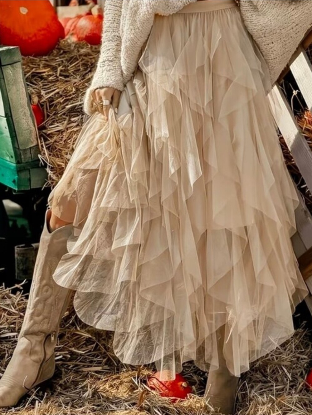 Women Layered Tulle Skirt Beige Ruffled Elastic Waist xxl western boho